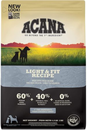 acana grain free adult dog food light and fit to support healthy weight chicken turkey and fish