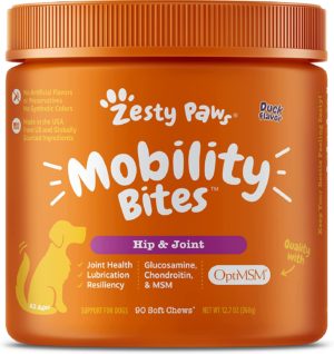 zesty paws glucosamine for dogs hip joint health soft chews with chondroitin msm functional dog supplement for pet mobility support with kelp vitamins c and e for hips joints
